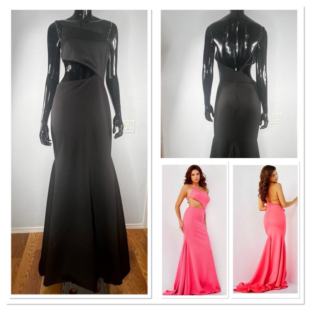 Jovani One Shoulder Cut Out Gown Maxi Tall w/Train Sz 8 Black NWT